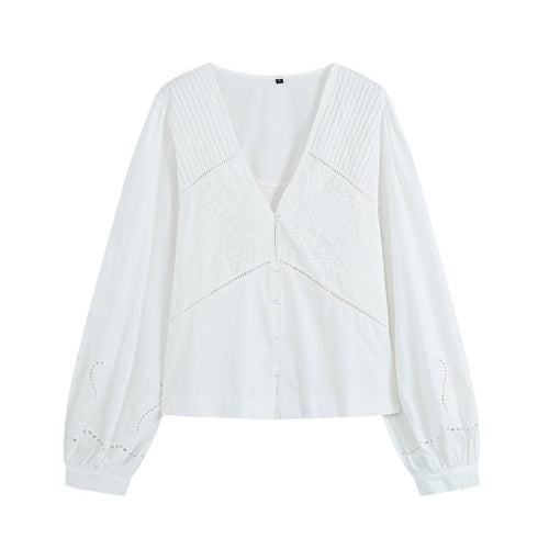 Damen Bestickte V‑Ausschnitt Bluse mit Kellerfaltenpasse und Ballonärmeln Drune