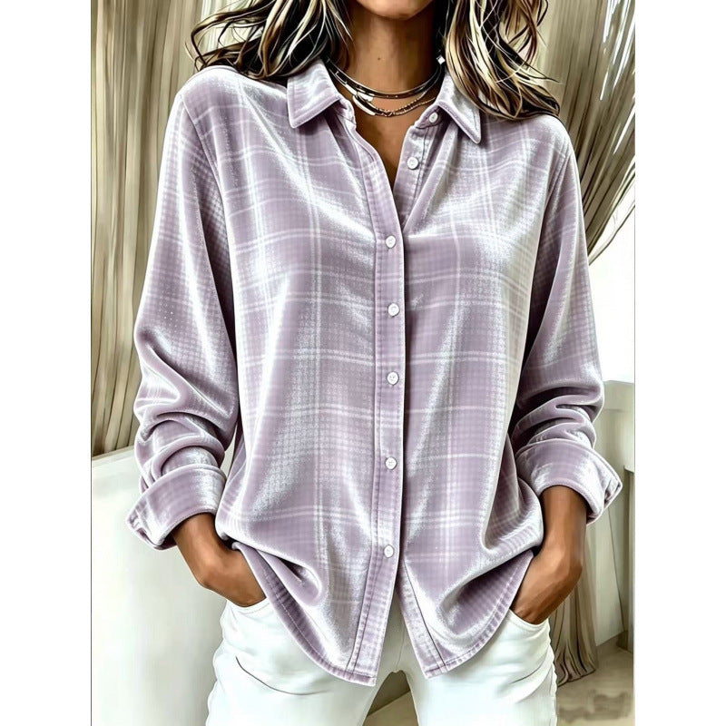 Damen Samt-Hemdbluse mit Karomuster und lockerem Oversize-Schnitt Drune