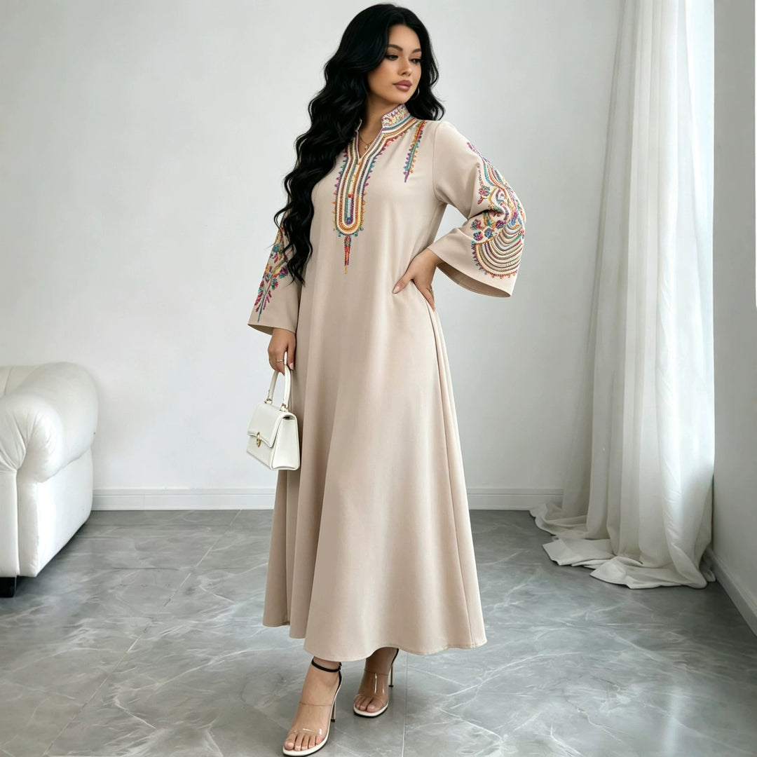 Damen Besticktes Maxikleid im Kaftan-Stil mit Stehkragen und Glockenärmeln Drune