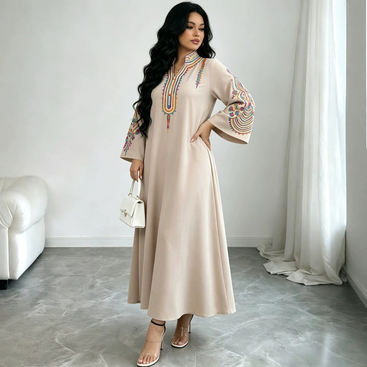 Damen Besticktes Maxikleid im Kaftan-Stil mit Stehkragen und Glockenärmeln Drune