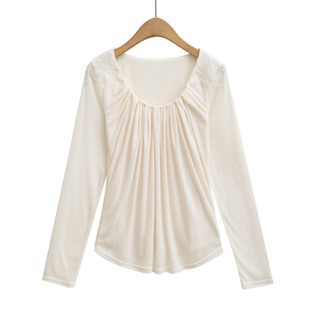 Damen Jersey-Top mit weitem Rundhalsausschnitt, Faltenfront und Spitzenbesatz Drune