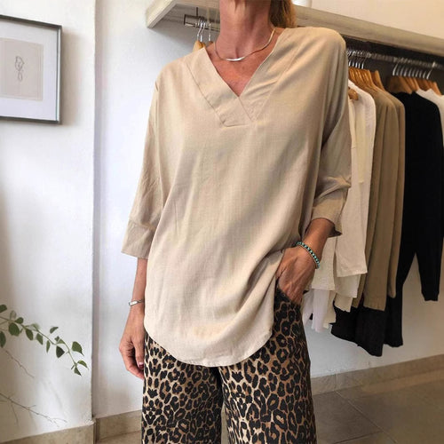Damen lässiges V-Ausschnitt Shirt mit weiten Ärmeln Drune