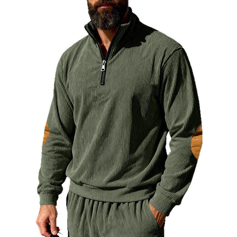 Herren Cord-Struktur-Halbzip-Pullover im Relaxed-Fit mit Stehkragen und Ellbogen-Patch Drune