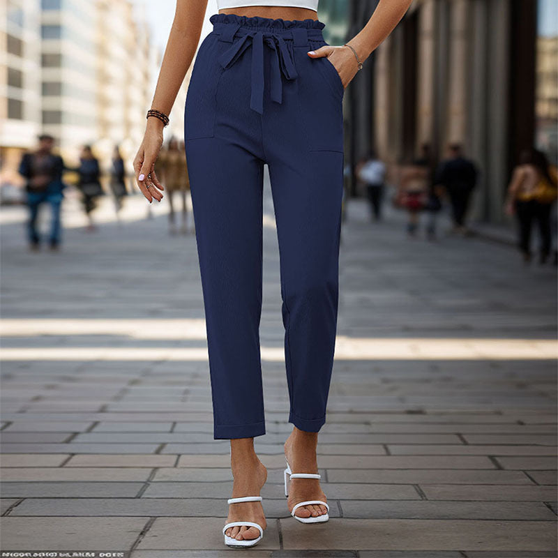 Damen Leichte Paperbag-Hose mit Gummibund, Bindegürtel und aufgesetzten Taschen Drune