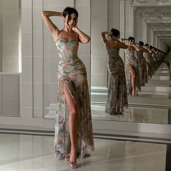 Damen Elegant und fließendes Maxikleid mit floralem Motiv Drune