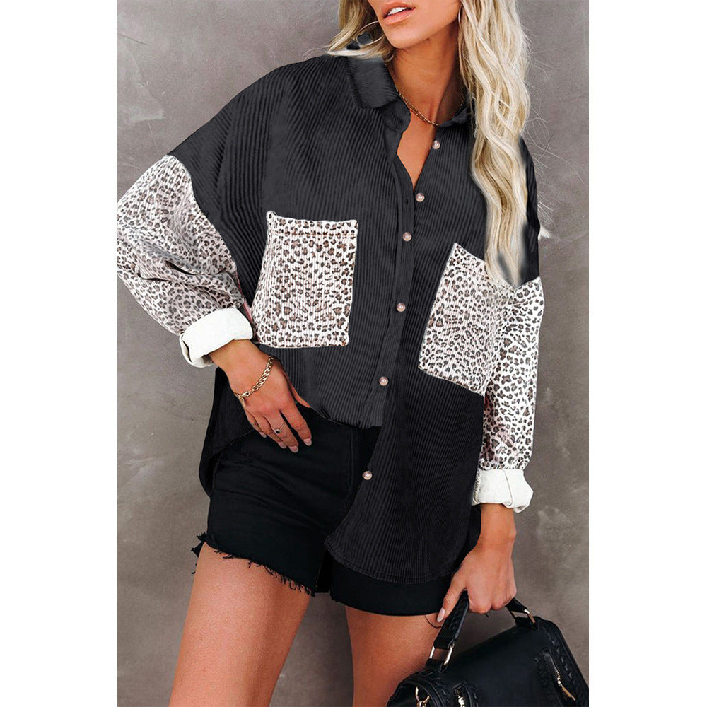 Damen Oversize-Cordhemd mit durchgehender Knopfleiste, Leo-Kontrastärmeln und aufgesetzten Taschen Drune