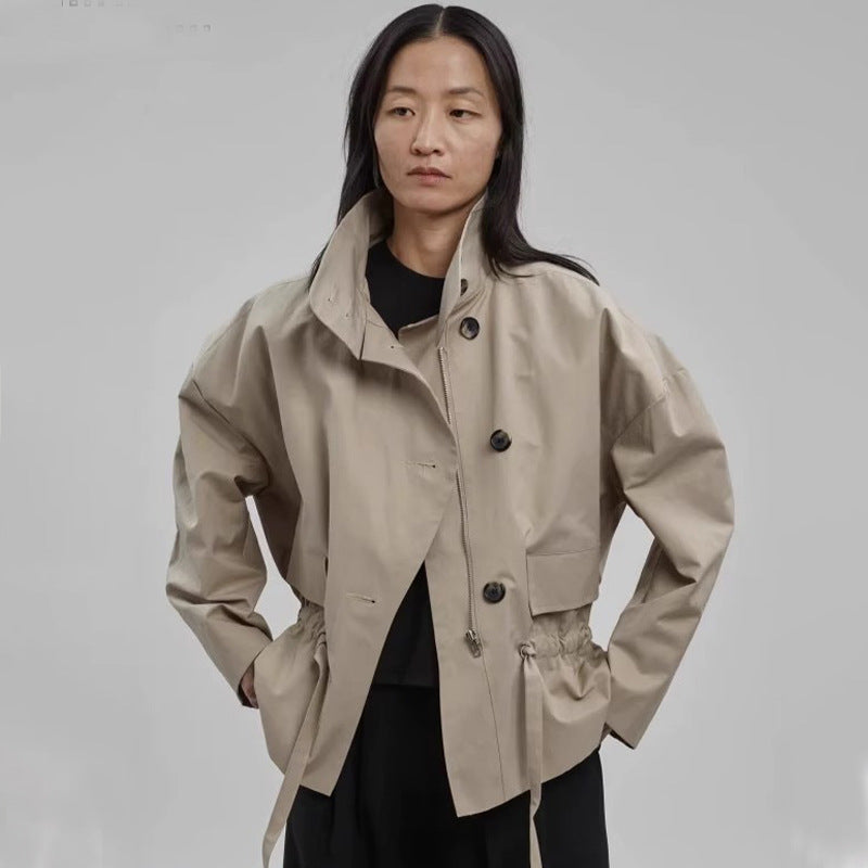 Damen Modische Übergangsjacke mit Gürtel und Stehkragen Drune