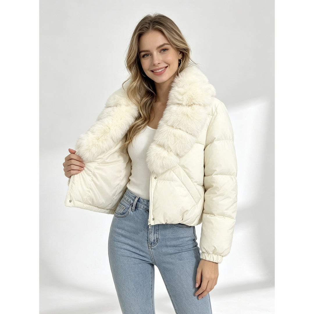 Damen nan kurze wattierte Cropped-Jacke mit extra voluminösem Kunstpelz-Schalkragen und elastischen Bündchen Drune