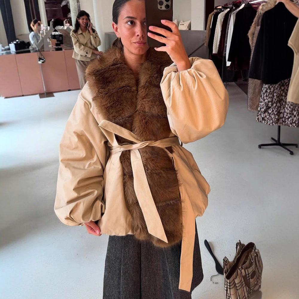 Damen modische Übergangsjacke mit voluminösen Ärmeln und luxuriösem Kunstpelzkragen Drune