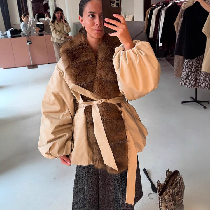 Damen modische Übergangsjacke mit voluminösen Ärmeln und luxuriösem Kunstpelzkragen Drune