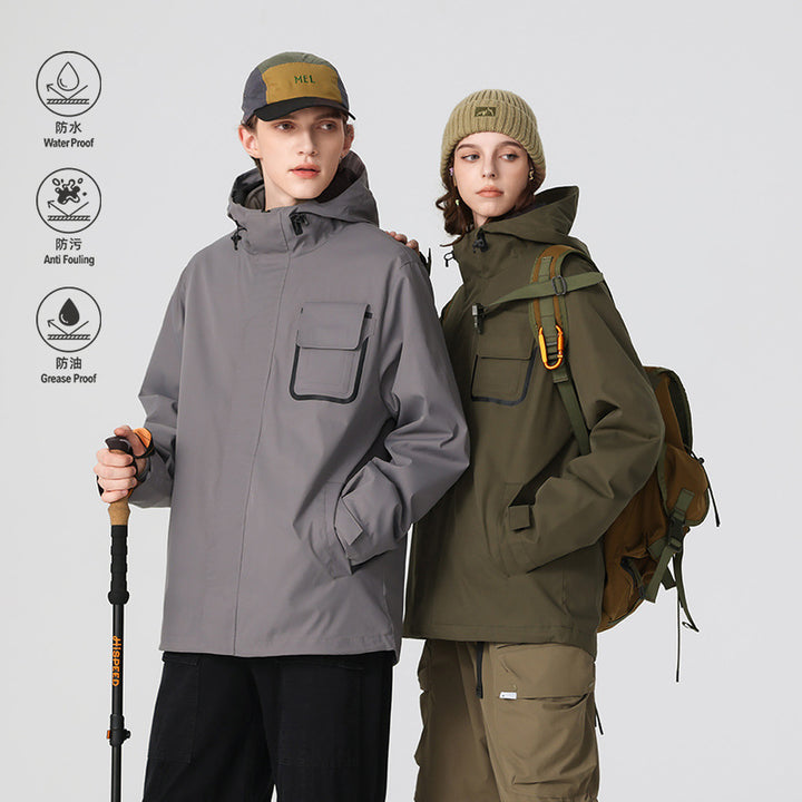 Herren wasserdichte Utility‑Outdoorjacke mit verdeckter Front, Kapuze und funktionaler Brusttasche Drune