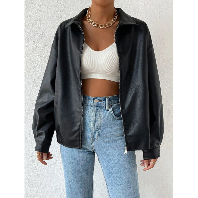 Damen Oversized Kunstleder-Blouson mit Reißverschluss und Hemdkragen Drune
