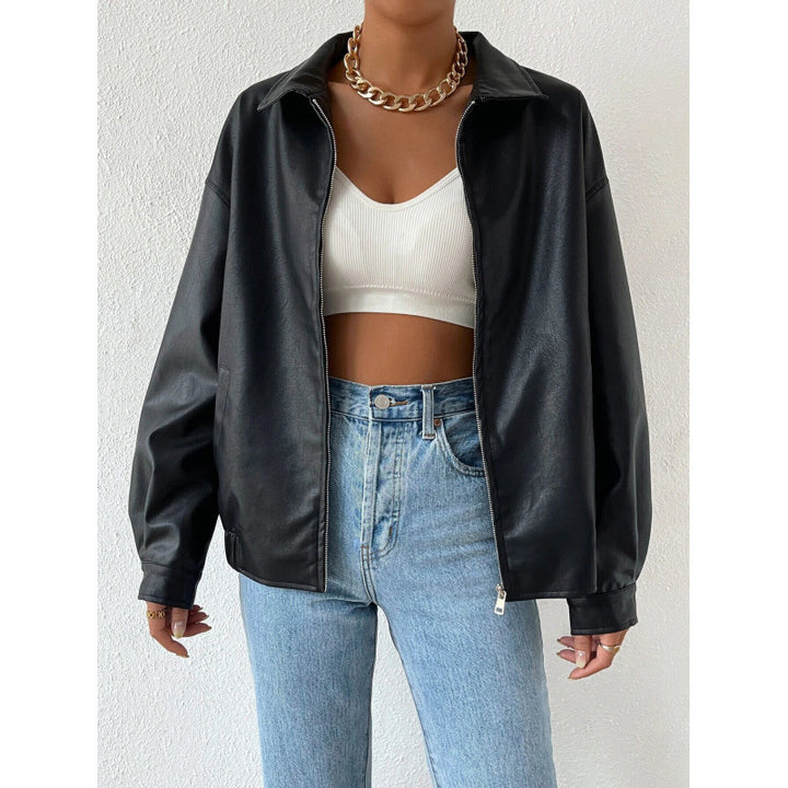 Damen Oversized Kunstleder-Blouson mit Reißverschluss und Hemdkragen Drune