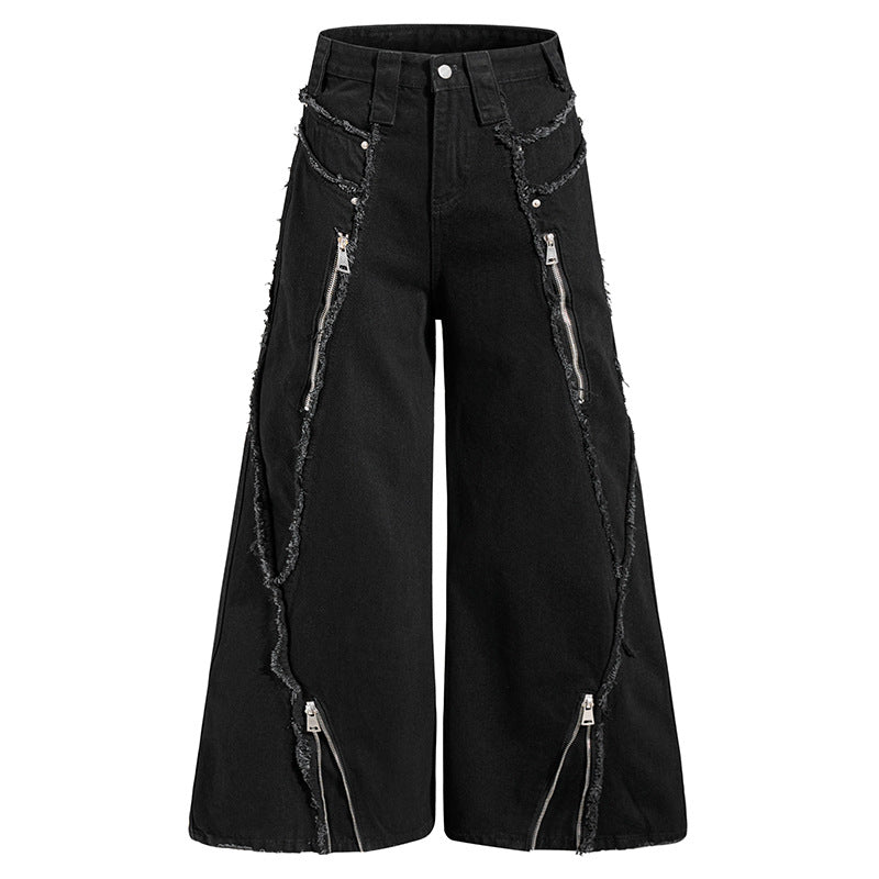 Damen weite Denim-Culotte mit Fransen-Details und Zipper-Akzenten Drune