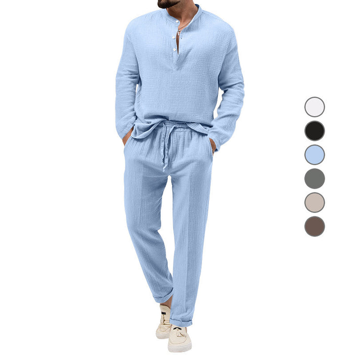 Herren Lässiges Zweiteiliges Lounge-Set aus Baumwoll-Gauze mit Henley-Oberteil und Tunnelzug-Hose Drune