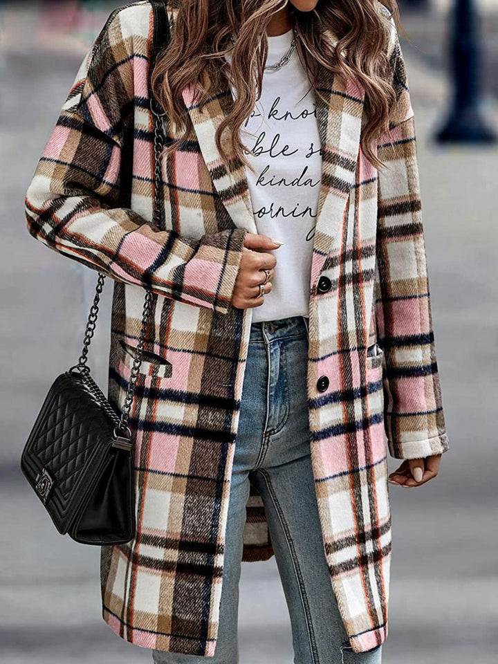 Damen Karierte Longjacke mit Kapuze und Taschen Drune