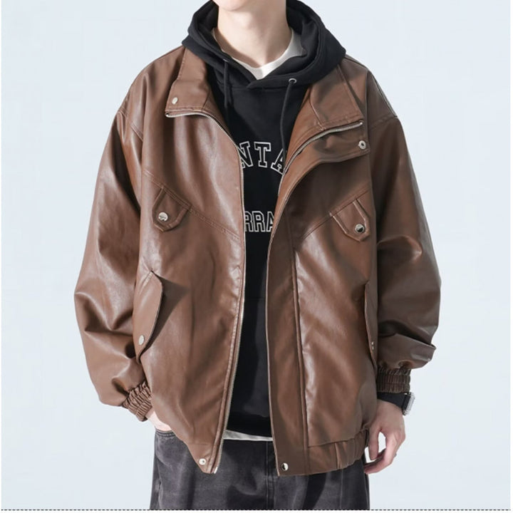 Herren Oversize Kunstleder-Bomberjacke mit Stehkragen, Pattentaschen und elastischem Saum Drune
