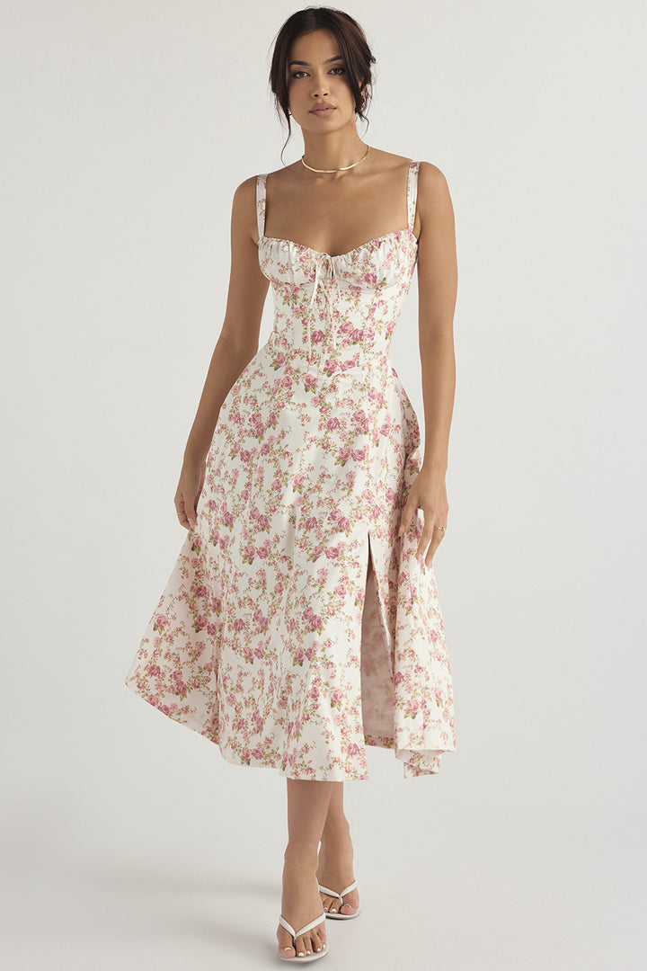 Damen Midikleid aus feinem Baumwollstoff mit romantischem Blumenmuster Drune
