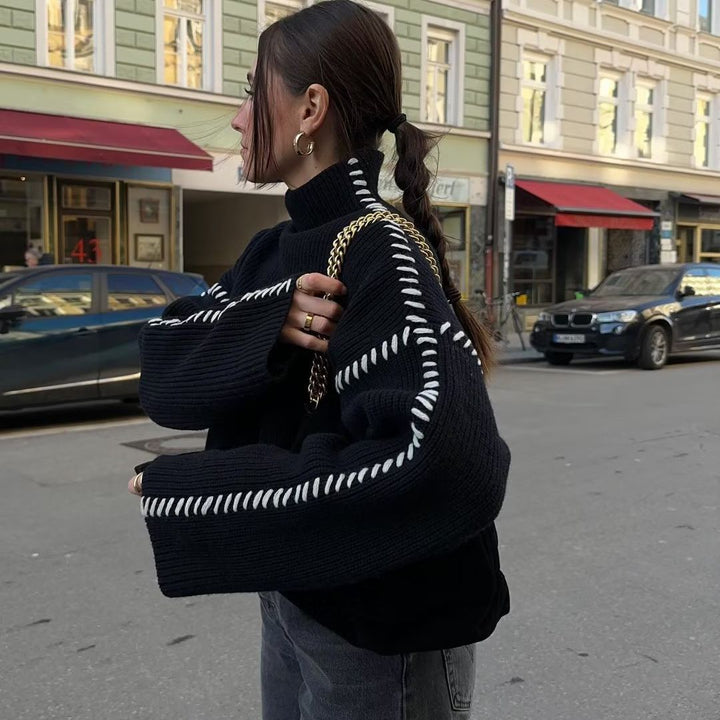 Damen Modischer Strickpullover mit hohen Ärmeln und dekorativem Kontraststich Drune