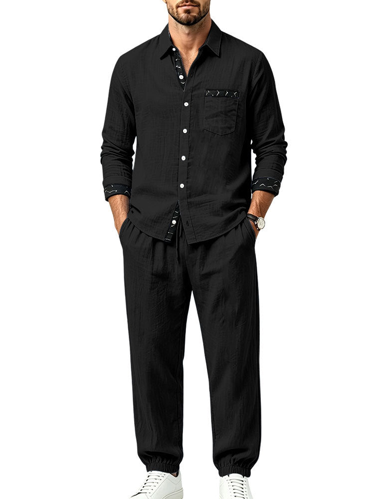 Herren Leichter Baumwoll-Loungewear-Zweiteiler mit Hemd und Kordel-Jogger Drune