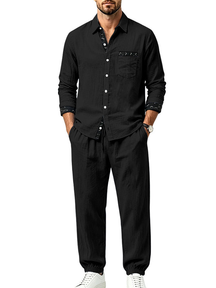 Herren Leichter Baumwoll-Loungewear-Zweiteiler mit Hemd und Kordel-Jogger Drune
