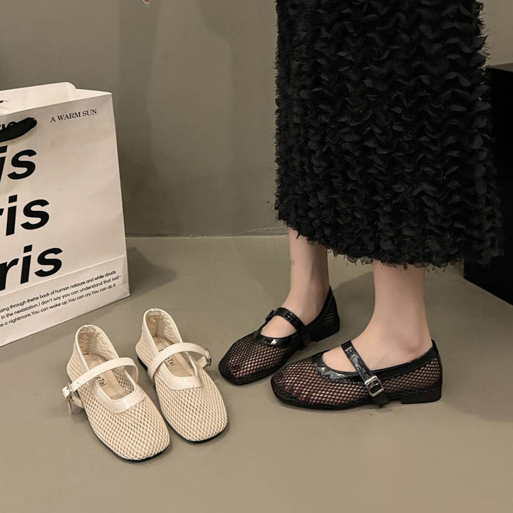 Damen Casual Mesh Mary Jane Ballerinas mit verstellbarem Riemen Drune