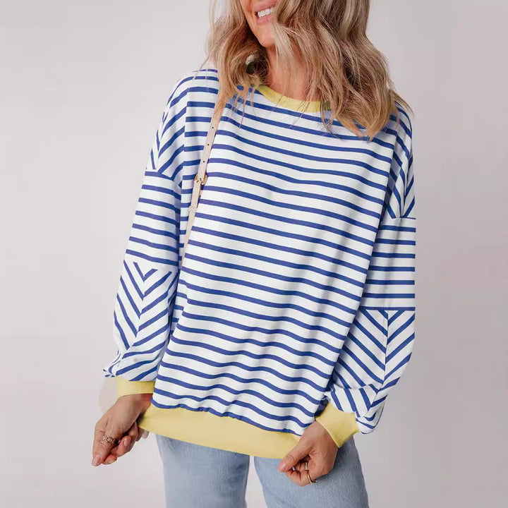 Damen lässiges gestreiftes Sweatshirt mit Boxy-Schnitt und kontrastierenden Abschlüssen Drune
