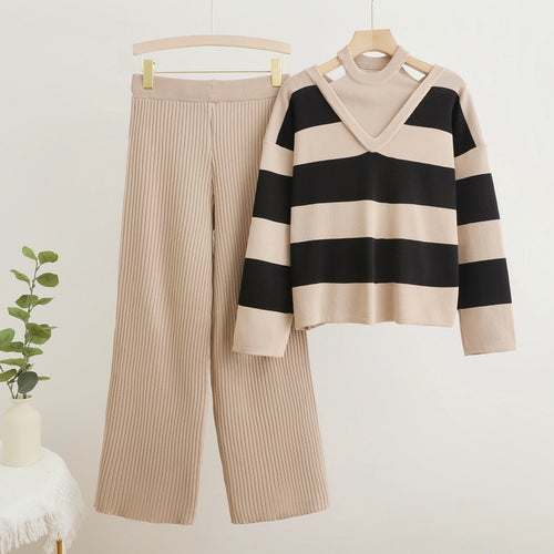 Damen modisches Strickensemble mit V-Ausschnitt und breiten Streifen Drune