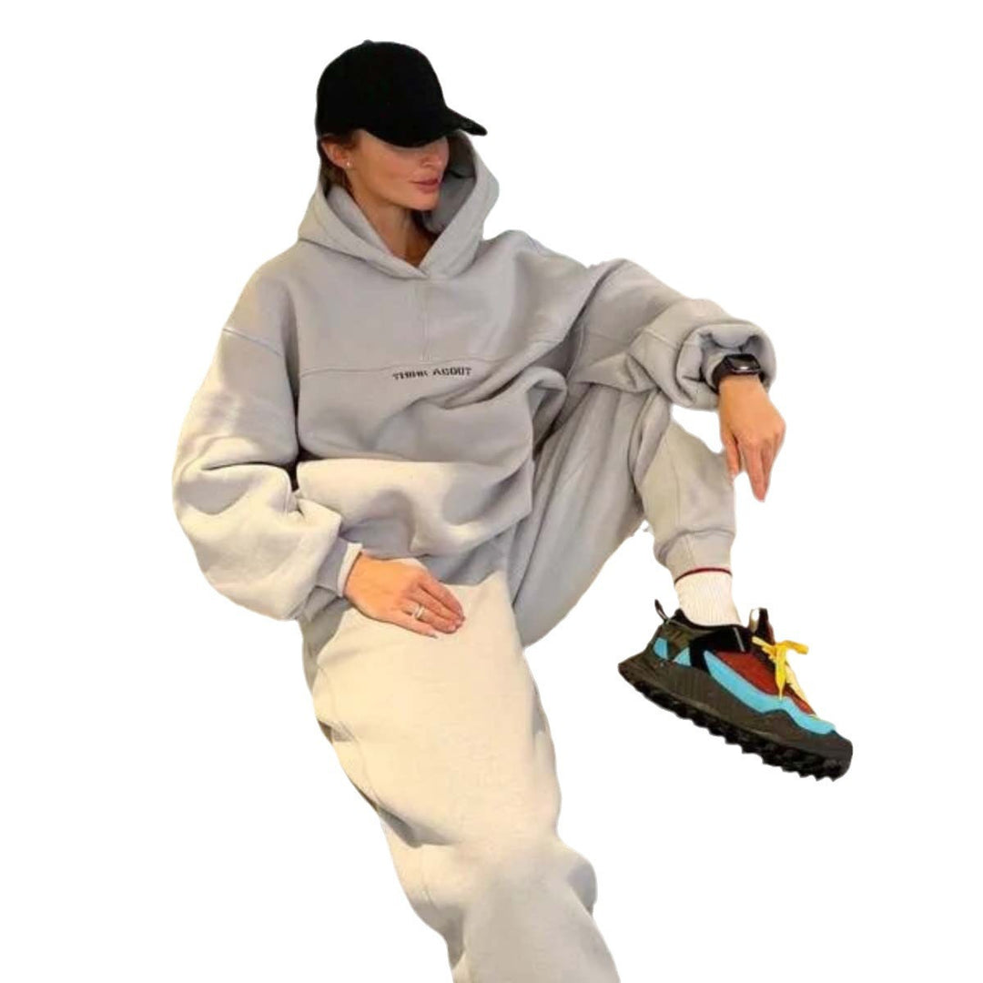 Damen Oversized Kapuzenpullover mit Statement-Print und elastischer High-Waist Jogginghose Set Drune