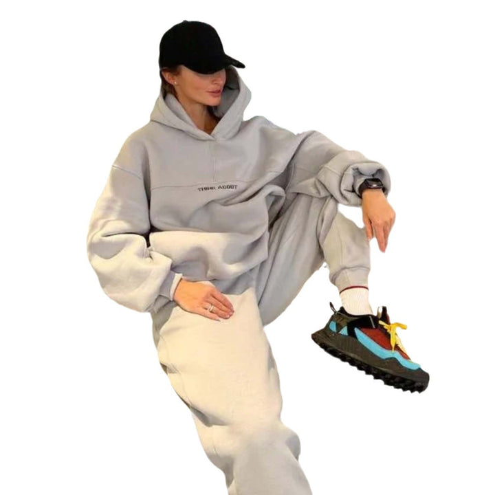 Damen Oversized Kapuzenpullover mit Statement-Print und elastischer High-Waist Jogginghose Set Drune