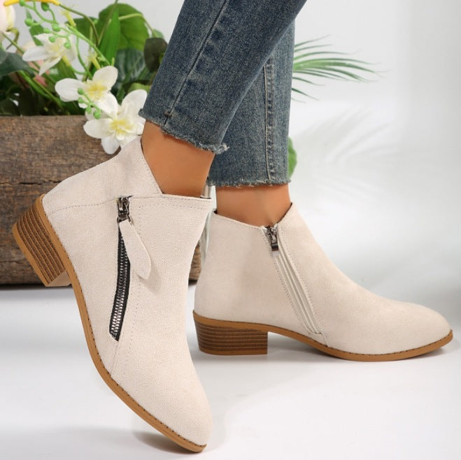 Damen nan klassische knöchelhohe Microvelours-Stiefelette mit seitlichem Reißverschluss und niedrigem Blockabsatz Drune