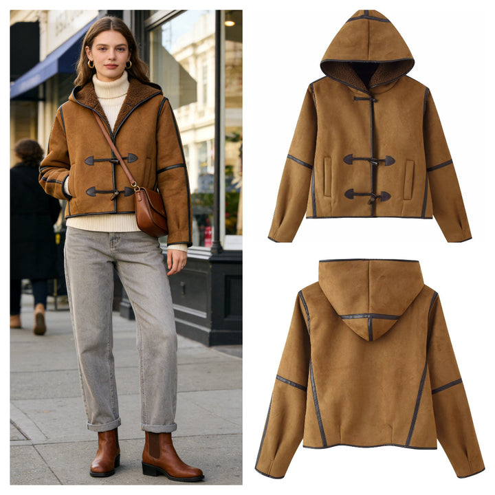 Damen elegante Kunstlederjacke mit Kapuze und warmem Innenfutter Drune