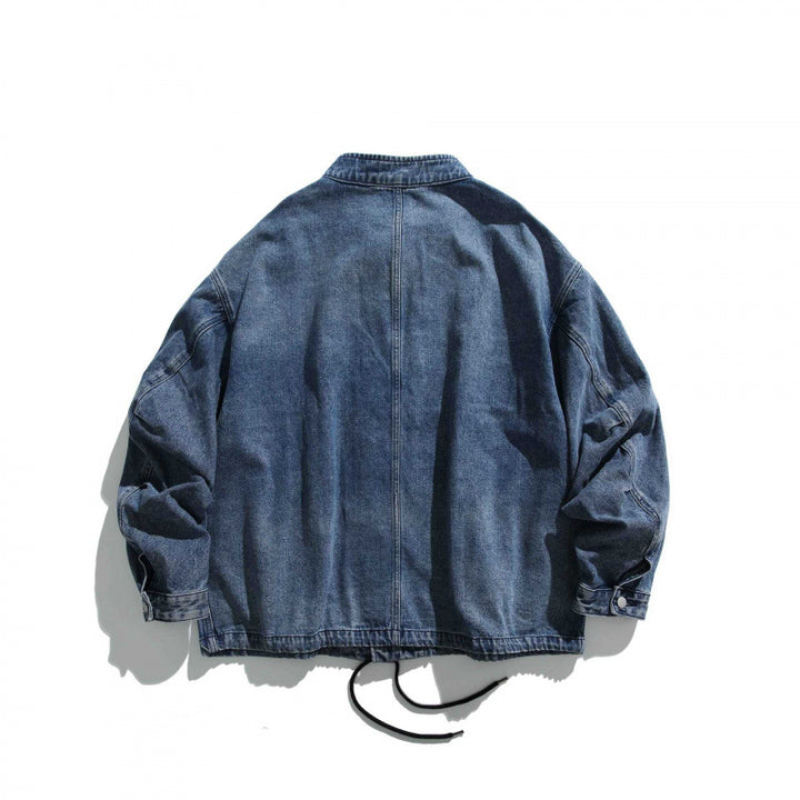Herren Oversize-Jeansjacke mit Stehkragen, aufgesetzten Taschen und Tunnelzug Drune