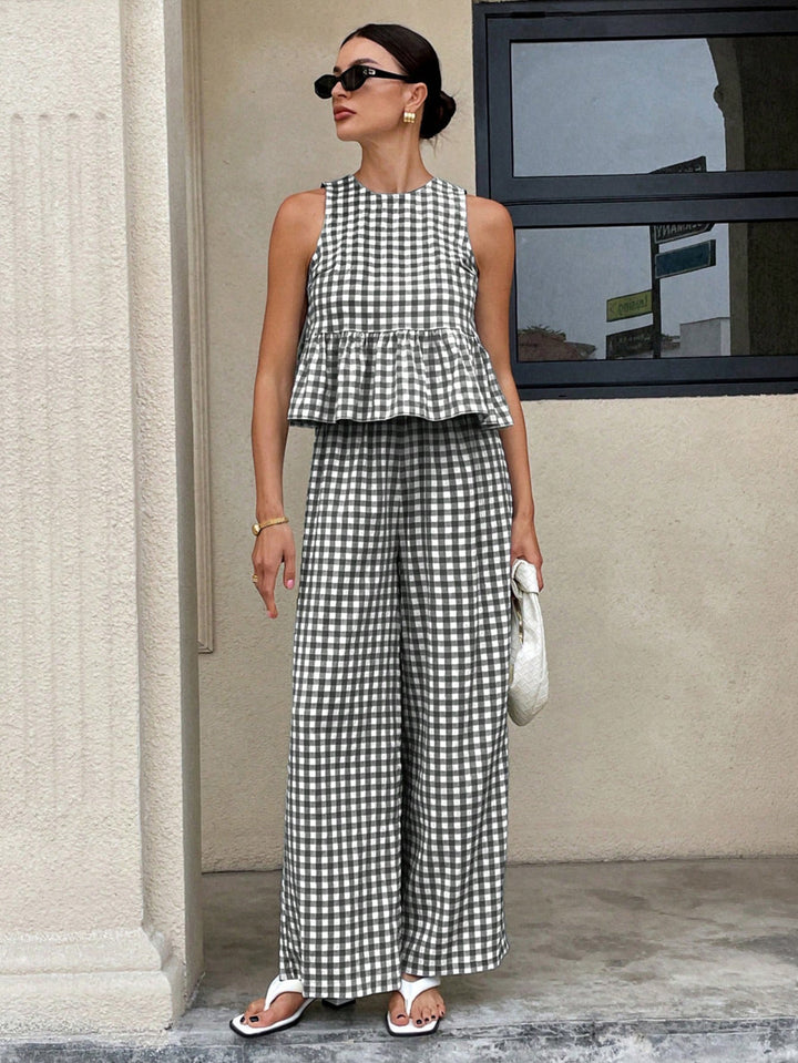 Damen Zweiteiliges Vichy-Karo-Set mit tailliertem Volanttop und weiter Palazzo-Hose Drune
