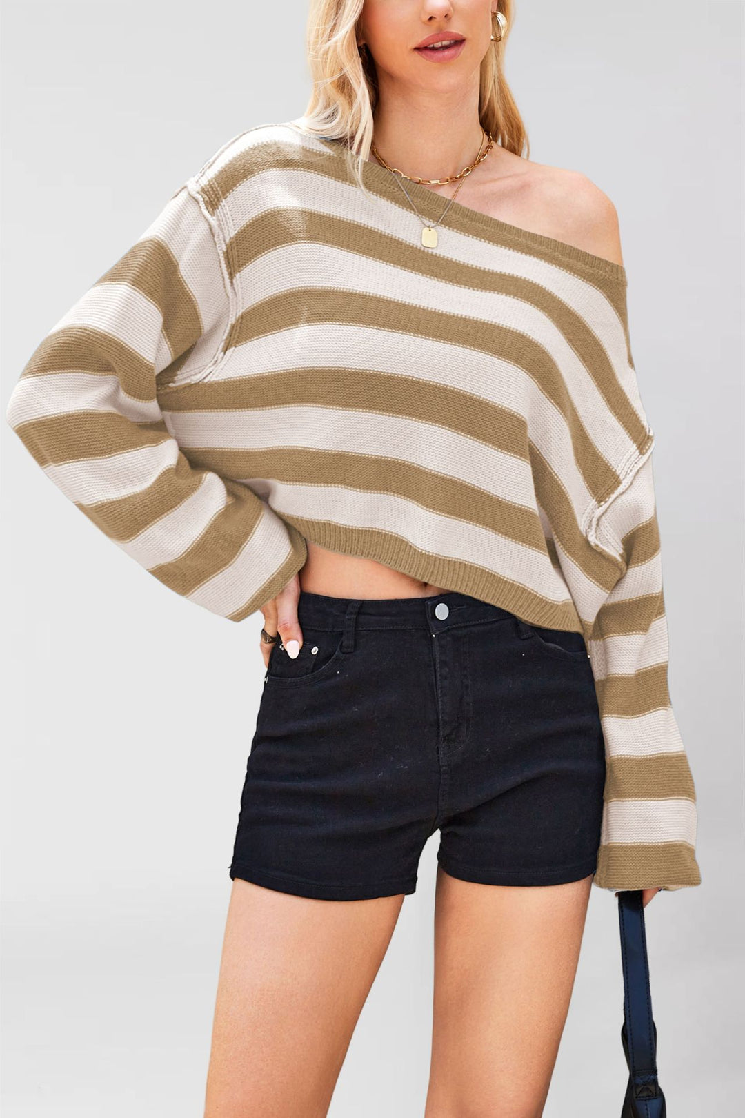 Damen lässiger gestreifter Pullover im cropped Schnitt Drune