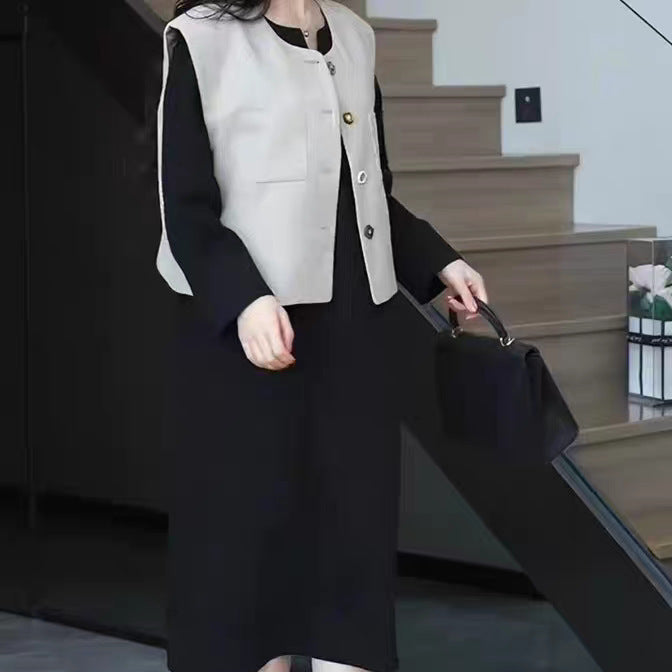 Damen Schlichtes Midikleid mit V-Schlitz, dreiviertel-Ärmeln und geradem Fall Drune