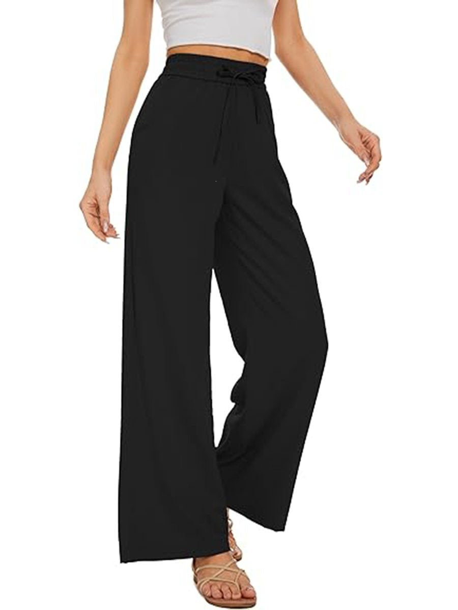 Damen Weite Leinenhose mit hohem elastischem Bund, Kordelzug und Eingrifftaschen Drune