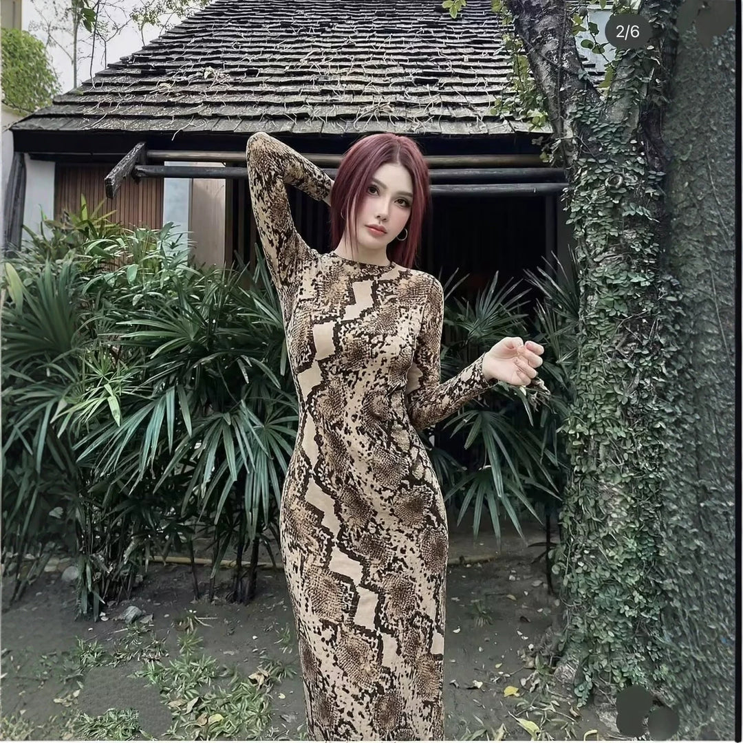 Damen Figurbetontes Maxikleid mit Allover‑Schlangenprint und langen Ärmeln Drune