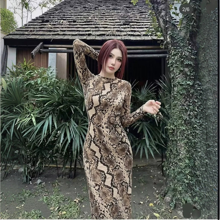 Damen Figurbetontes Maxikleid mit Allover‑Schlangenprint und langen Ärmeln Drune