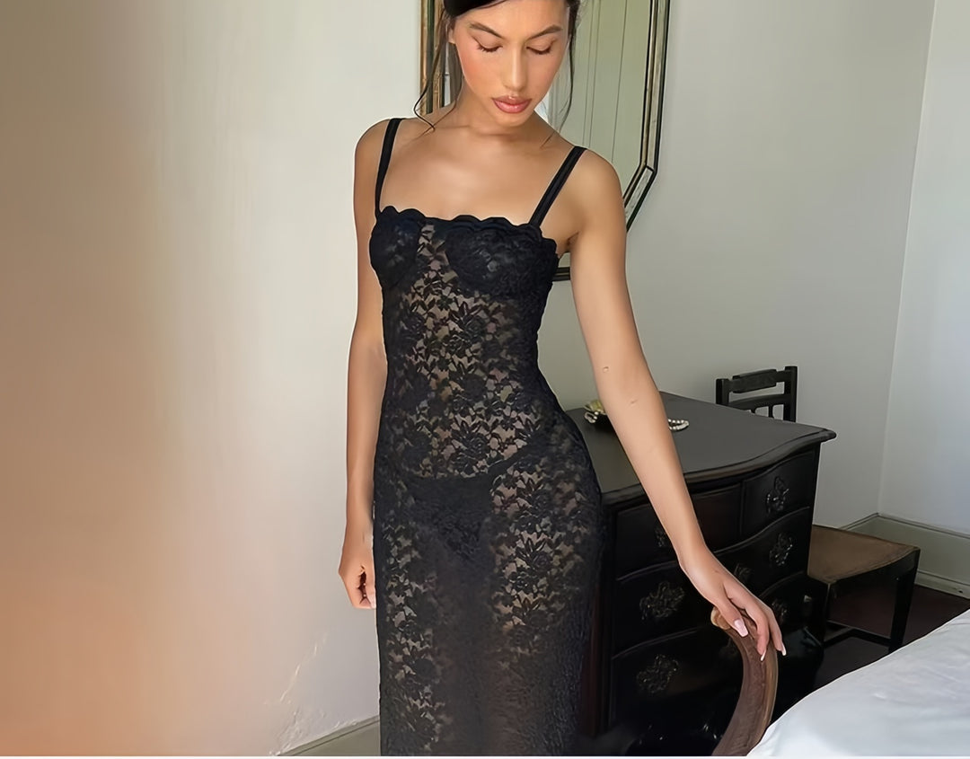 Damen Spitzen-Maxikleid mit verführerischem Schnitt und feinen Trägern Drune