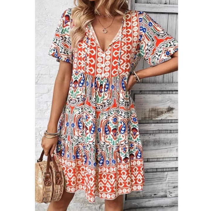 Damen Midi-Kleid mit verspieltem Muster und Knopfleiste Drune