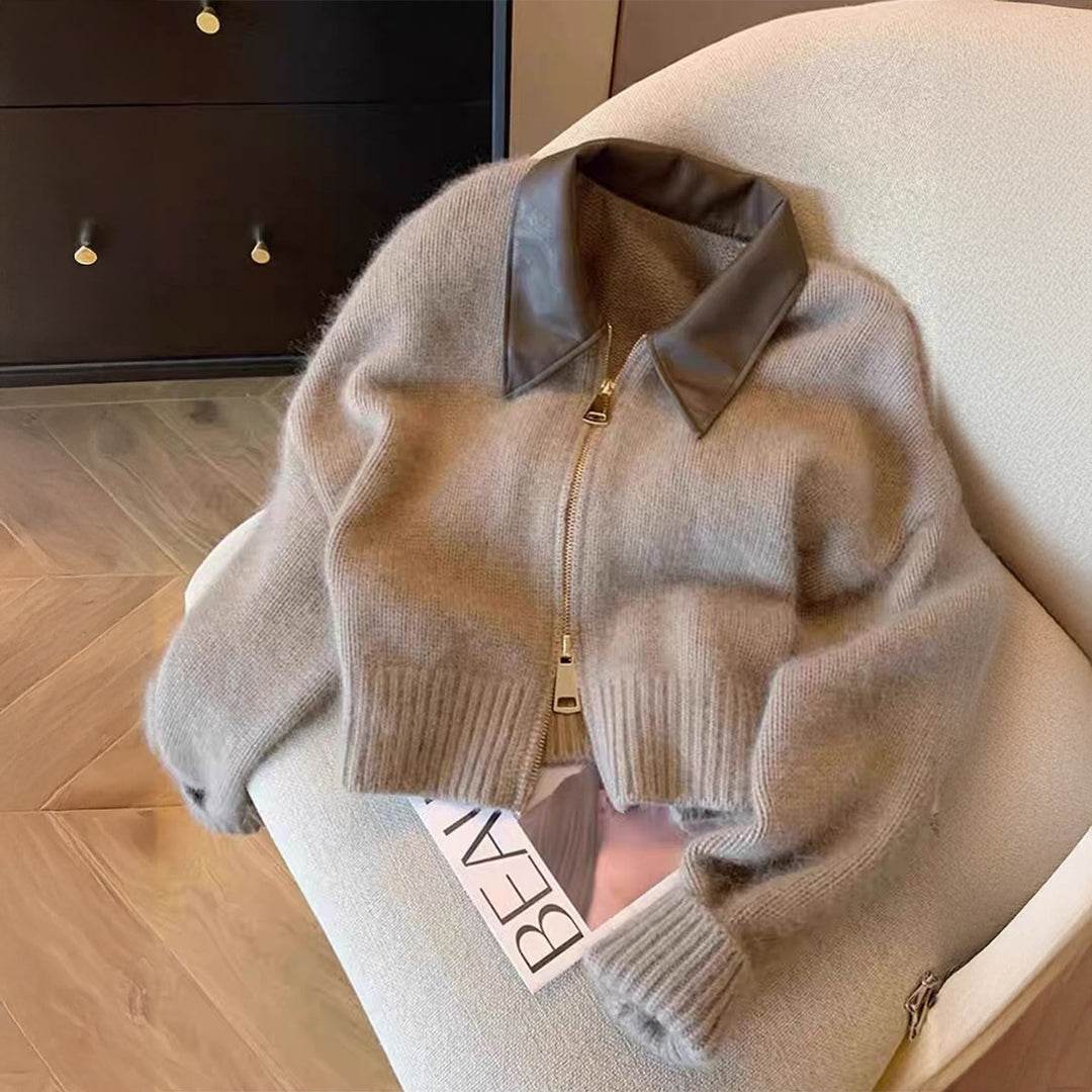 Damen nan kurz geschnittener Strickblouson mit Kunstlederkragen und goldfarbenem Metallreißverschluss Drune