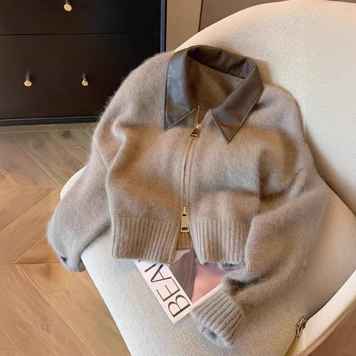 Damen nan kurz geschnittener Strickblouson mit Kunstlederkragen und goldfarbenem Metallreißverschluss Drune