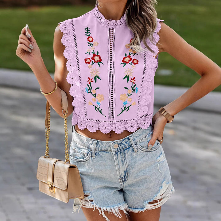 Damen Besticktes Spitzen-Cropped-Top mit Stehkragen und Häkelkanten Drune