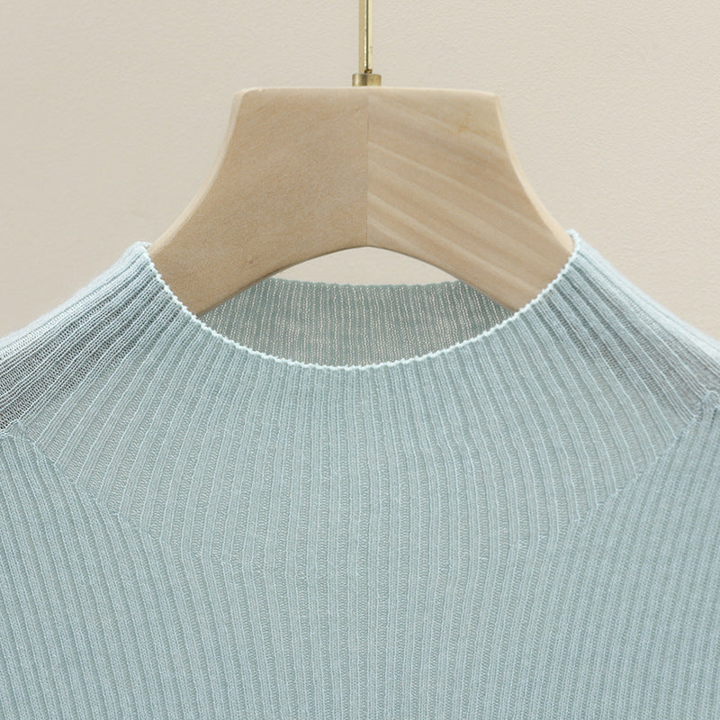 Damen Slim-Fit Rippstrick-Top mit halblangen Ärmeln und hohem Stehkragen Drune