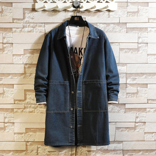 Herren nan langer Overshirt Mantel aus Denim mit Druckknopfleiste und aufgesetzten Taschen Drune