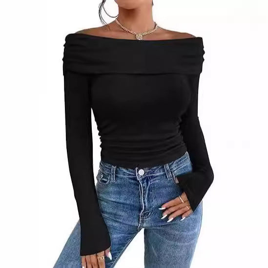 Damen Figurbetontes Schulterfreies Langarm Feinstrickshirt mit Carmenausschnitt Drune