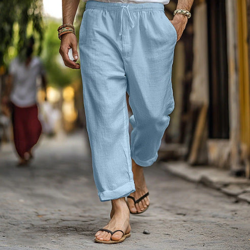 Herren lässige Leinen-Joggerhose mit elastischem Tunnelzugbund, seitlichen Eingrifftaschen und aufrollbarem Saum Drune