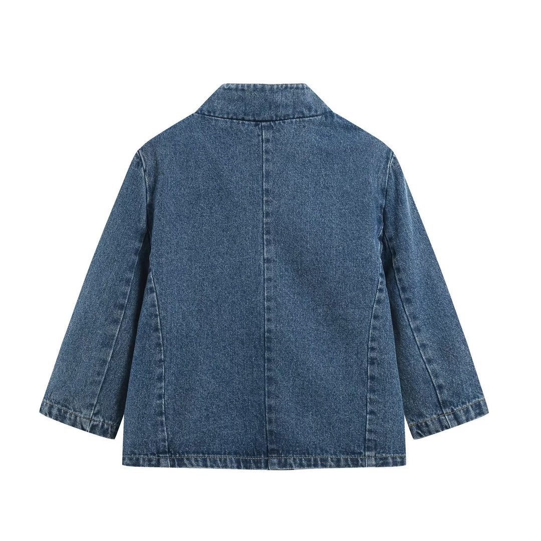 Damen Denim-Set aus boxiger Jacke mit Stehkragen und hochgeschnittener Schlaghose Drune