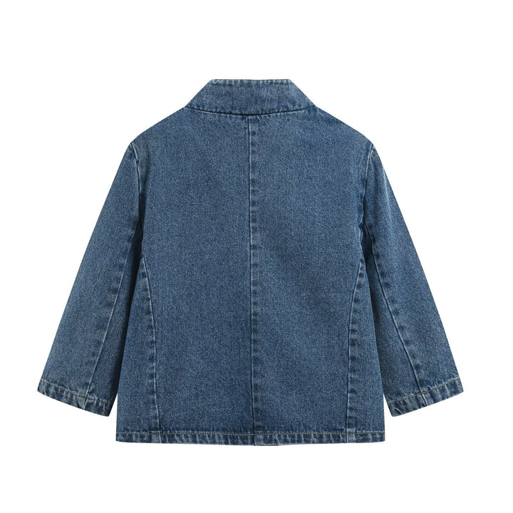 Damen Denim-Set aus boxiger Jacke mit Stehkragen und hochgeschnittener Schlaghose Drune